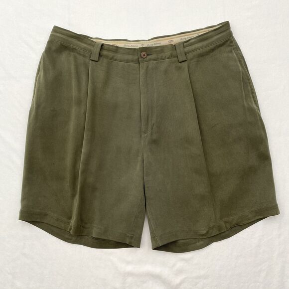 Tommy Bahama Shorts Mens 38 Olive Green 100% Silk Pleated Front Dressy Casual - Picture 1 of 8